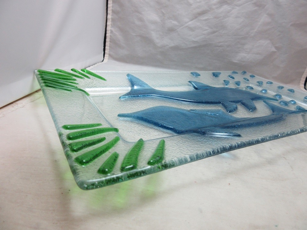 Fused art glass serving platter with Dolphins