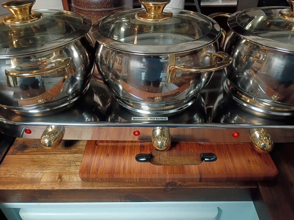 Command Performance Stainless/ Gold Buffet Cookware Set 3 Pots Lids & Warmer