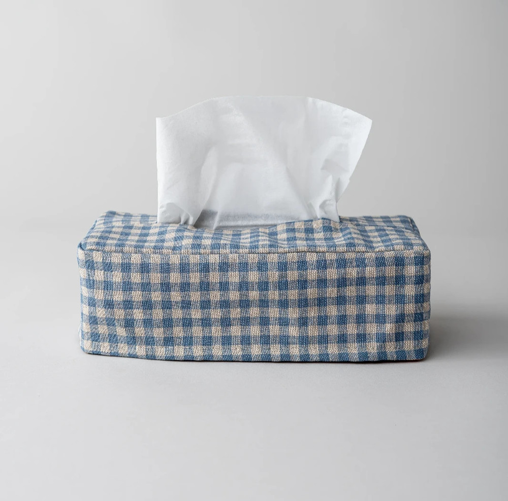 Tissue Box Cover Woven Fabric Blue Gingham
