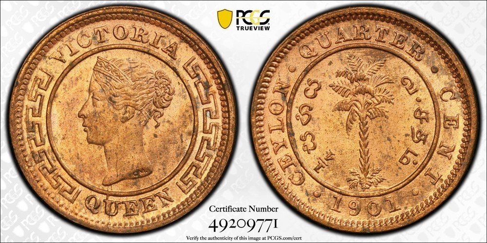 1901 PCGS MS64RD Red Ceylon 1/4 Cent KM-90