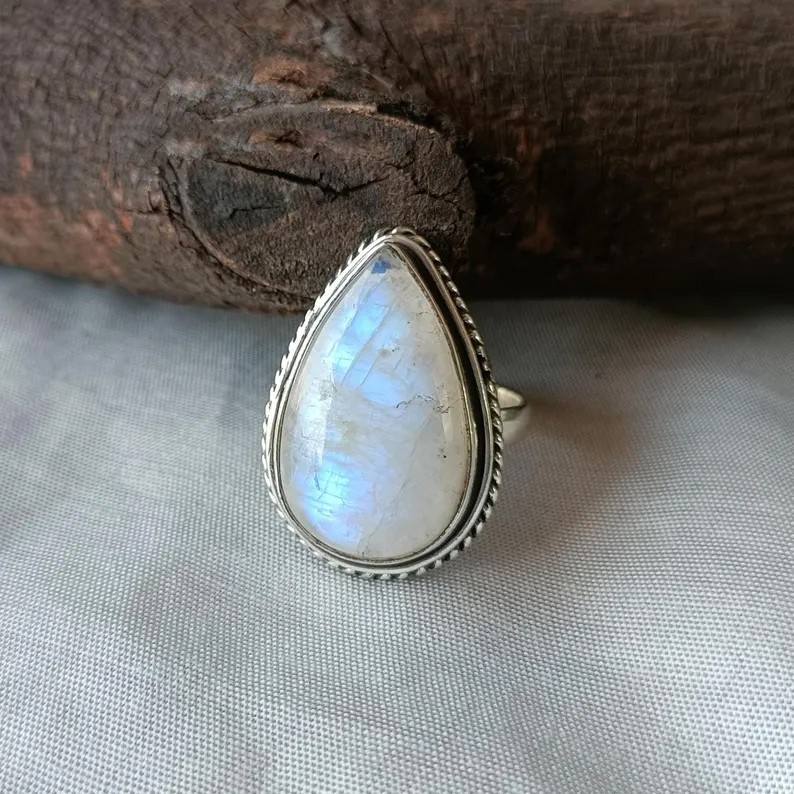 Solid 925 Sterling Silver Pear Cut Blue Flash Rainbow Moonstone Handmade Ring