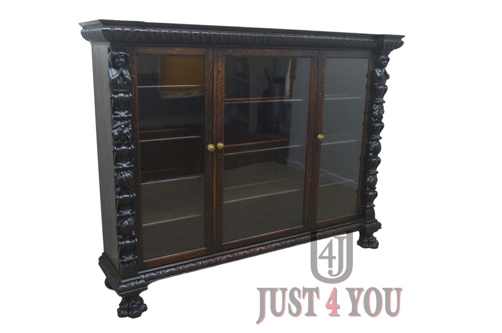 R. J. HORNER OAK PRAYING MONKS 3 DOOR BOOKCASE