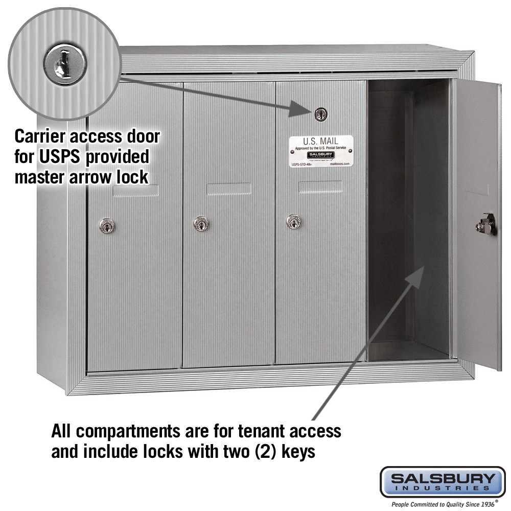 Salsbury Vertical Mailbox - 4 Doors - Aluminum - Surface Mounted - USPS Access