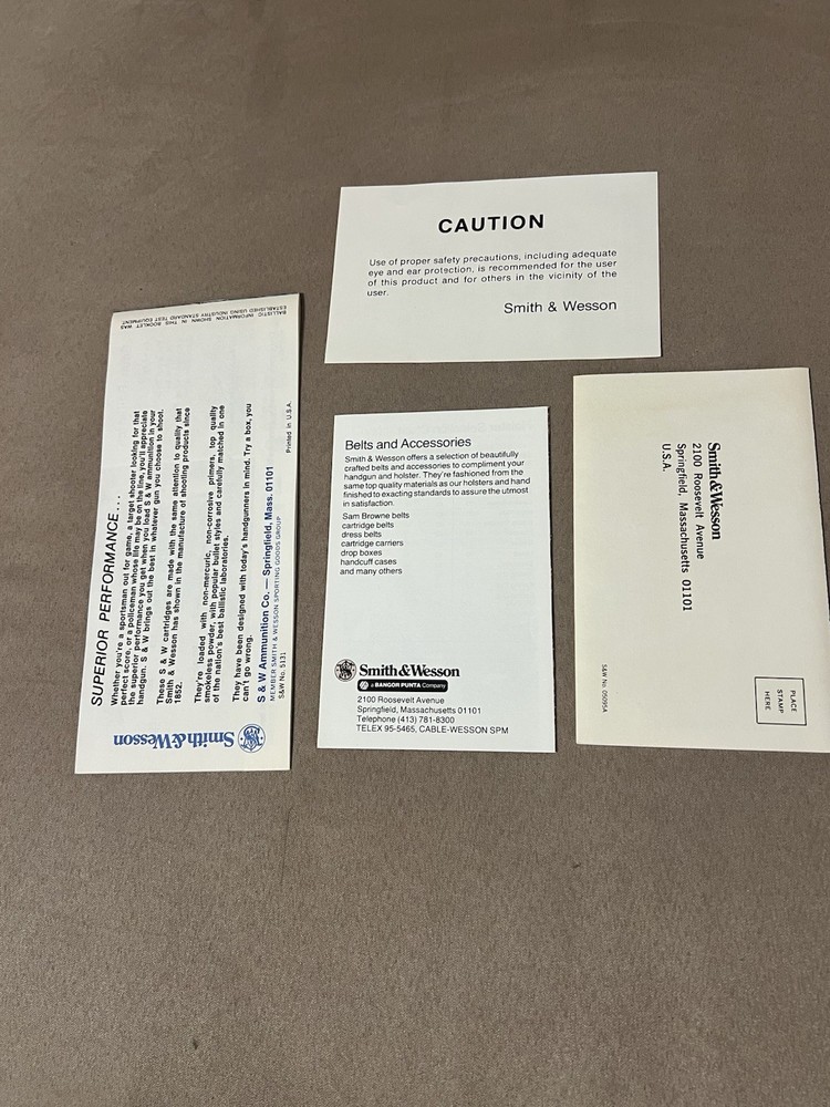 Factory Original Smith & Wesson J Frame Paperwork Set S&W - No Manual