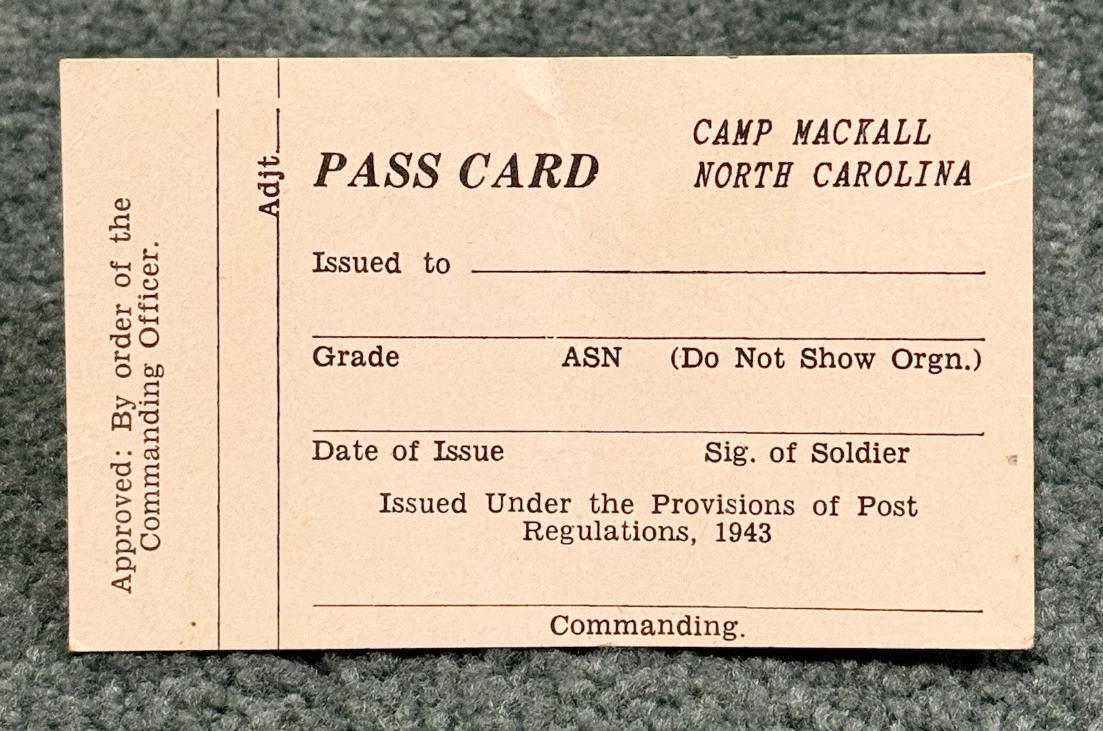 Original WWII US Army Airborne 1943 Camp Mackall Pass Card Unused