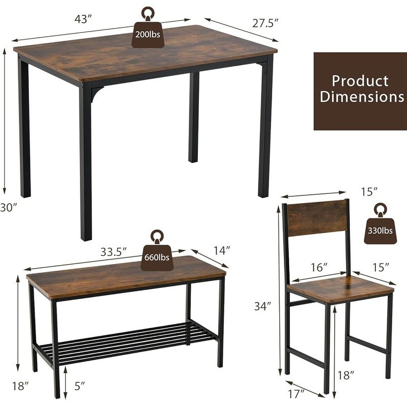 Heavy Duty Metal Dining Table Set Storage Solution Compact Bench 4 People New