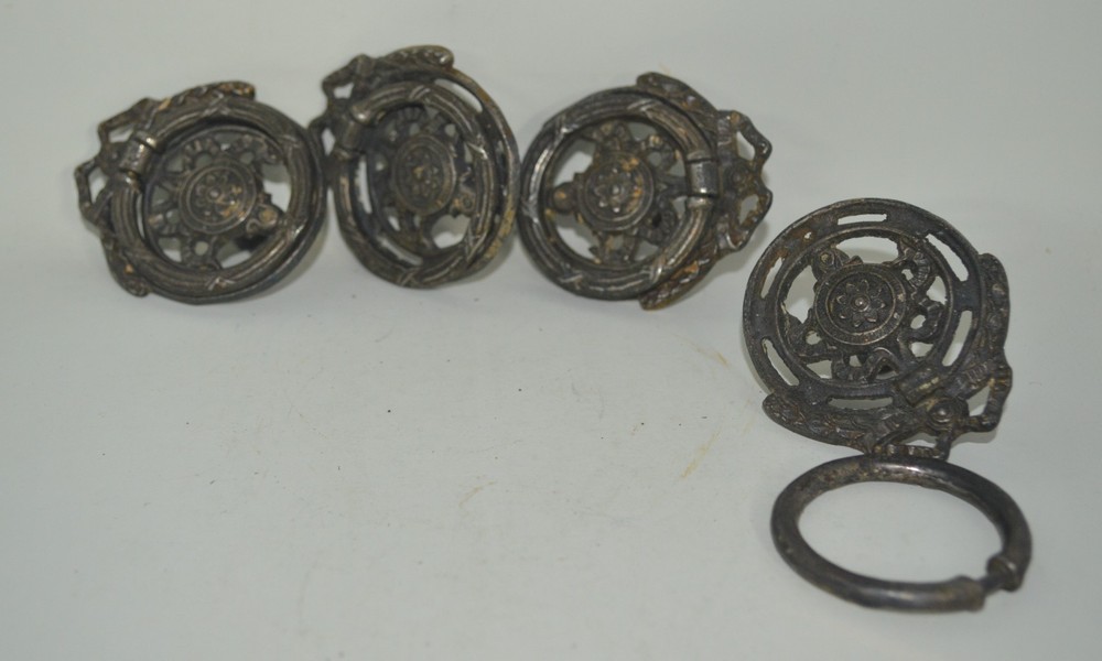 4 Vintage Drawer Pulls Ring Ornate Metal