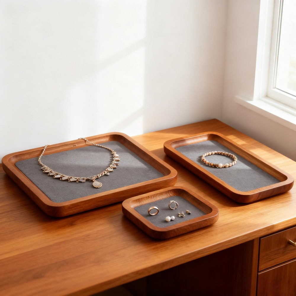 Wooden Jewelry Display Tray Rounded Rectangle Ring Showcase Stackable Elegant...