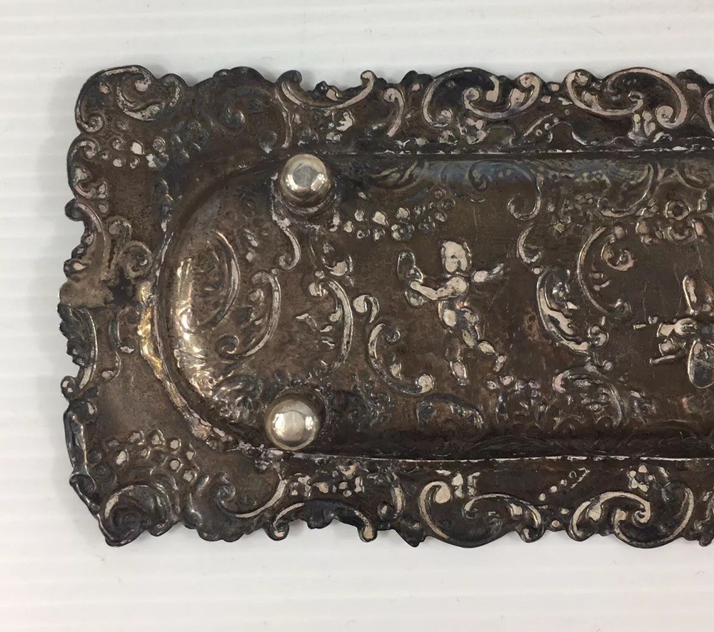 Antique 1893 Samuel Boyce Landeck Solid Silver Putti/Cherubs Embossed Pen Dish