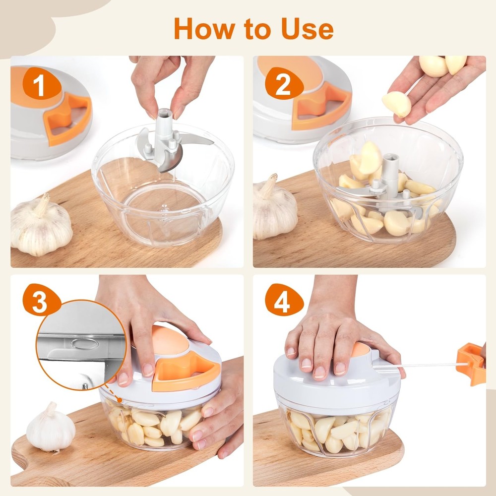 Portable Processor, 500ml Hand Operated Vegetable Chopper, Garlic Crusher