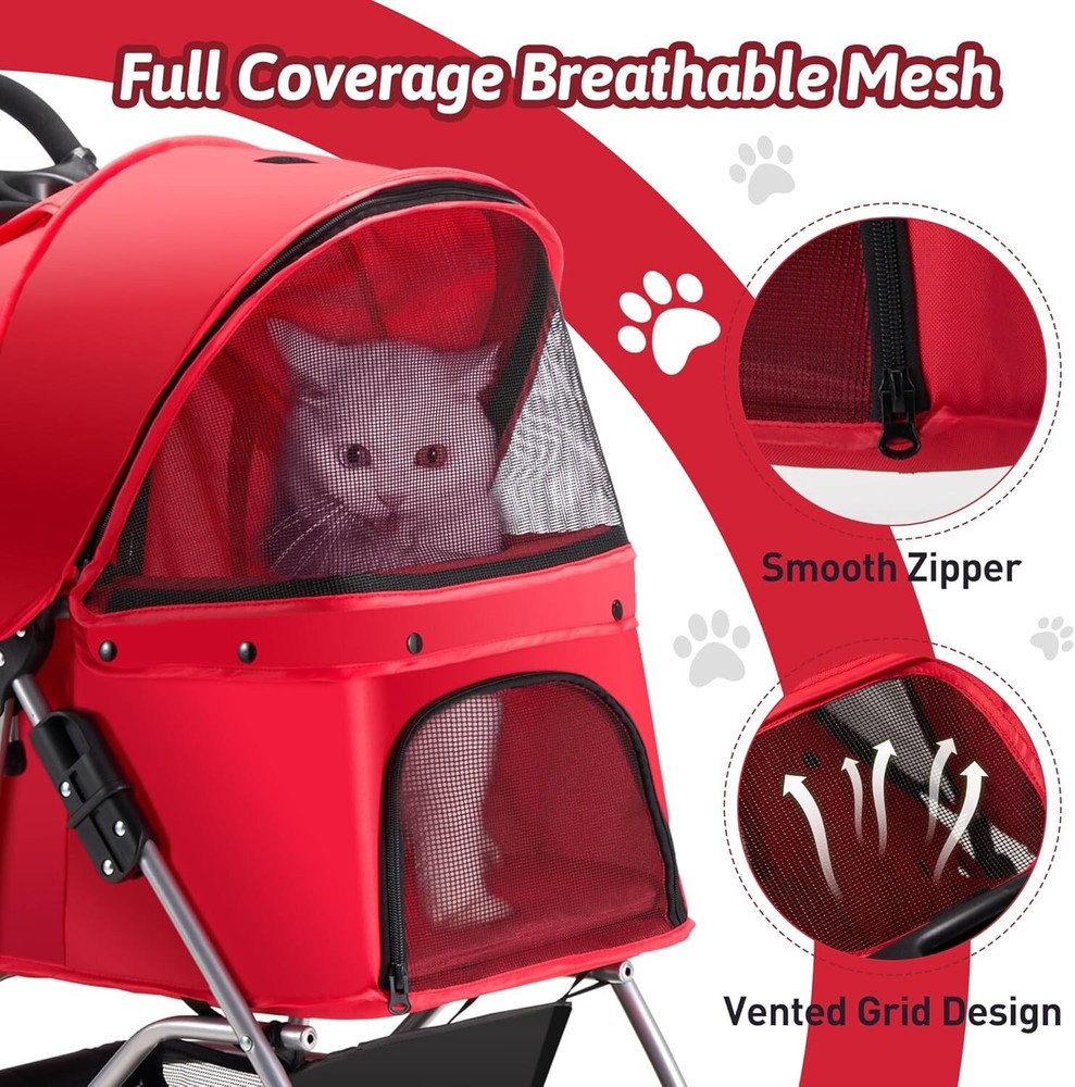 All-Weather Pet Stroller for Small Dogs & Cats - Foldable with Storage & Cups