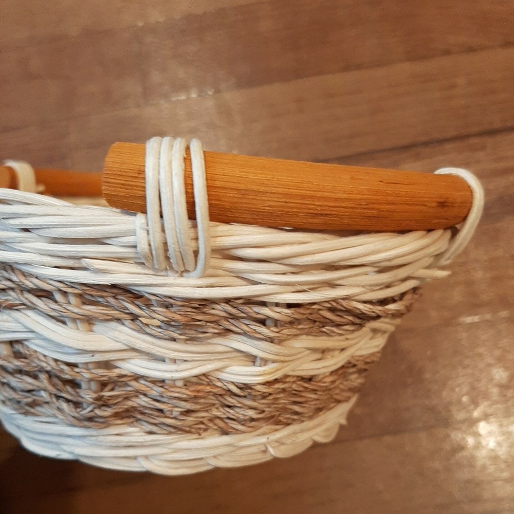 2 Oval Wicker Serving Baskets Wood Handles