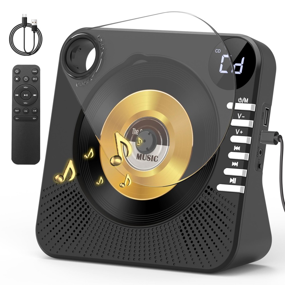 CD Player with HiFi Dual Speaker Portable Bluetooth,Desktop Black