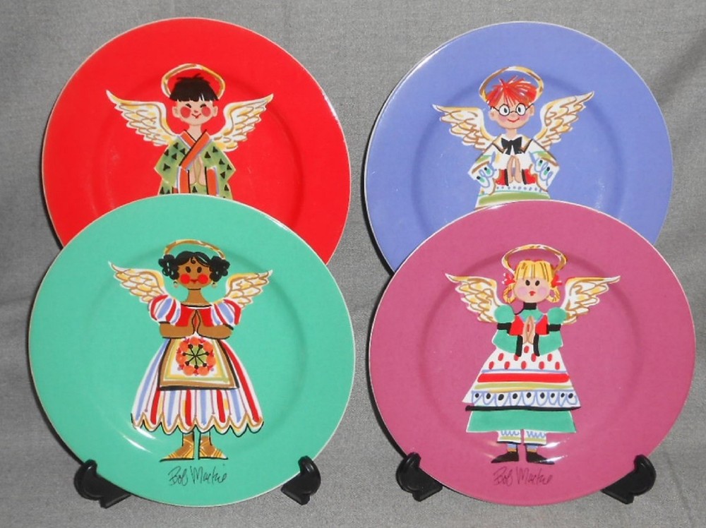 Set (4) Sakura BOB MACKIE Happy Angel Pattern SALAD PLATES