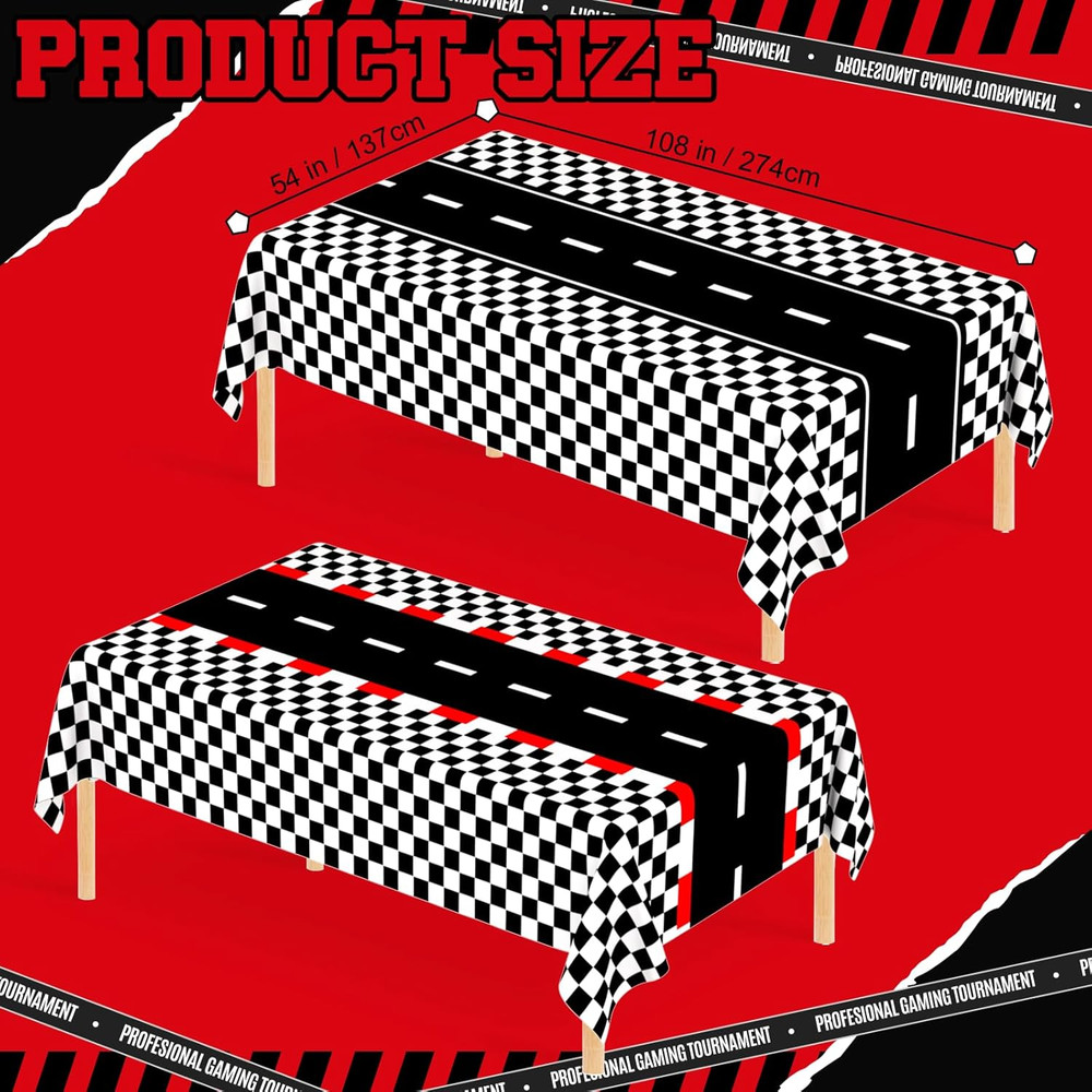 4 Pack Mixed Racing Car Plastic Rectangular Tablecloths, Black and White Checker