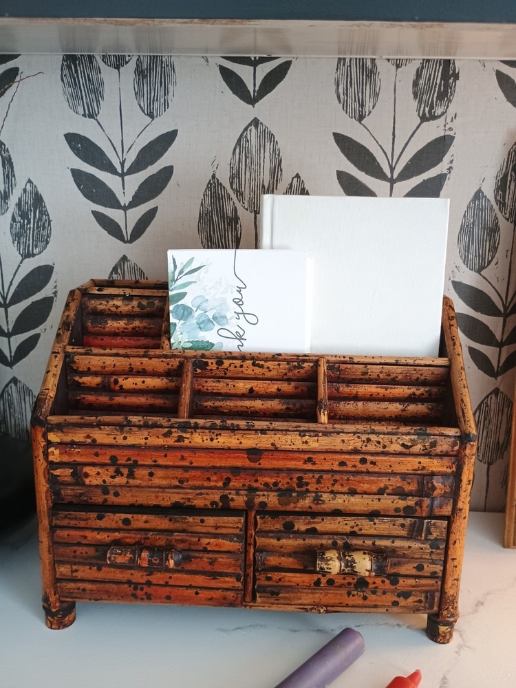 Victorian Bamboo Dark Spotted Desk Organizer Vtg HTF