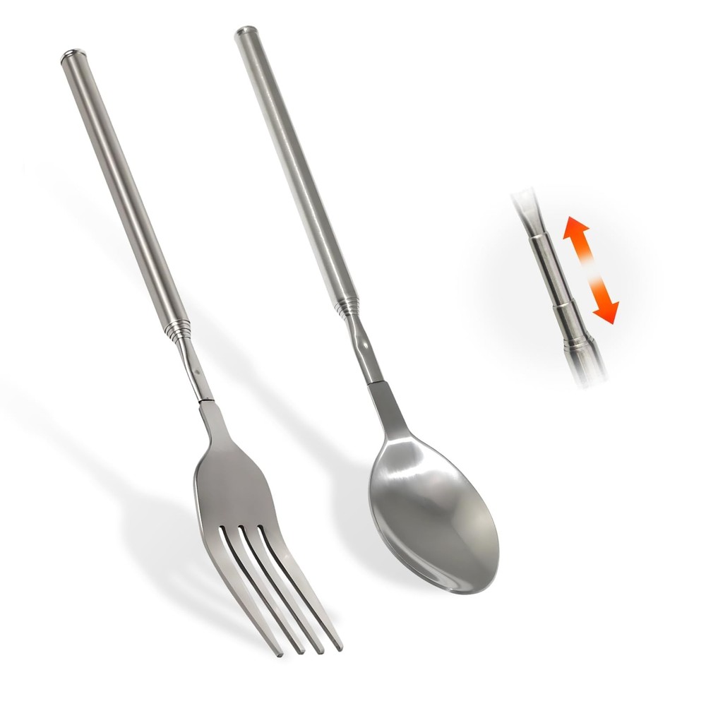 2 Pcs Extendable Fork and Spoon Set Stainless Steel Telescopic Tableware