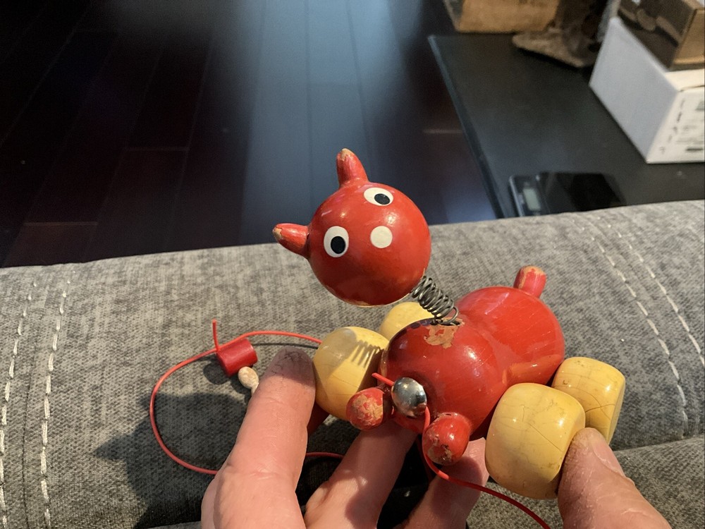Vintage Wooden Cat Pull Toy 4”