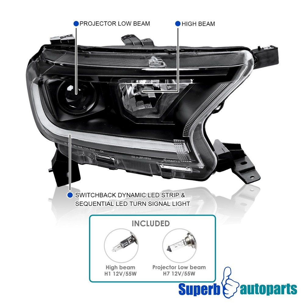 Fits 2019-2022 Ford Ranger Projector Headlight Sequential LED Switchback Black