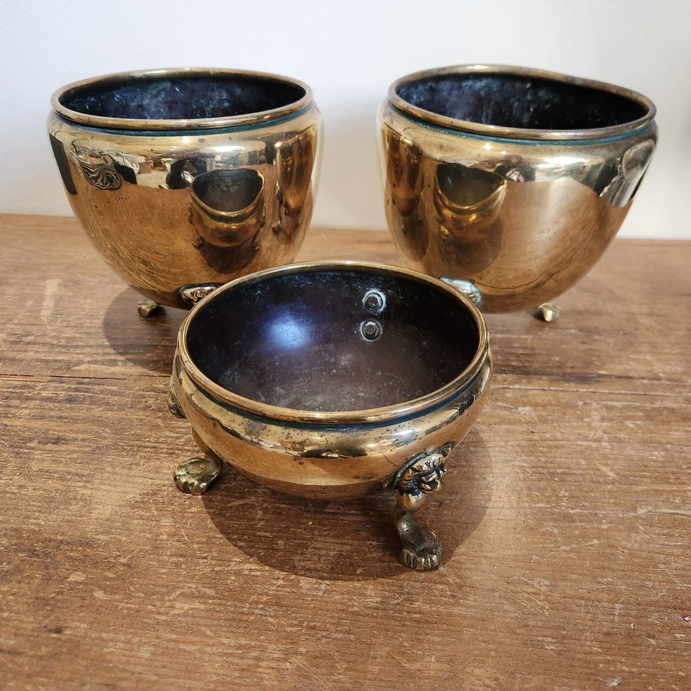 Antique Solid Brass Three Small/Medium Cache Pots on Styalised Liohead/Paw Feet