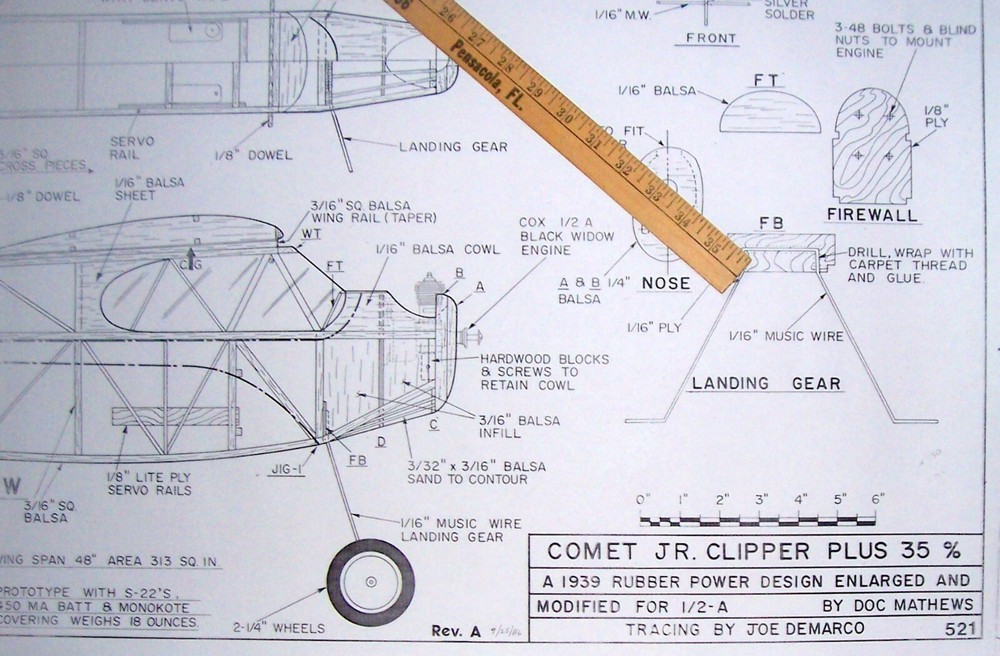 Comet JR CLIPPER PLUS 35% PLAN a Doc Mathews Enlarged to 1/2A RC Model Airplane