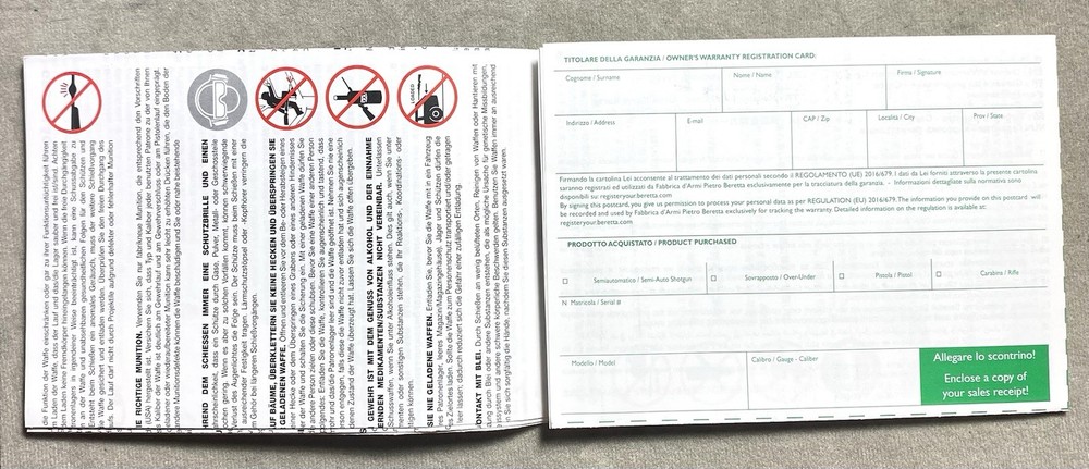 Original Beretta Owner’s Warranty - Multi-Language