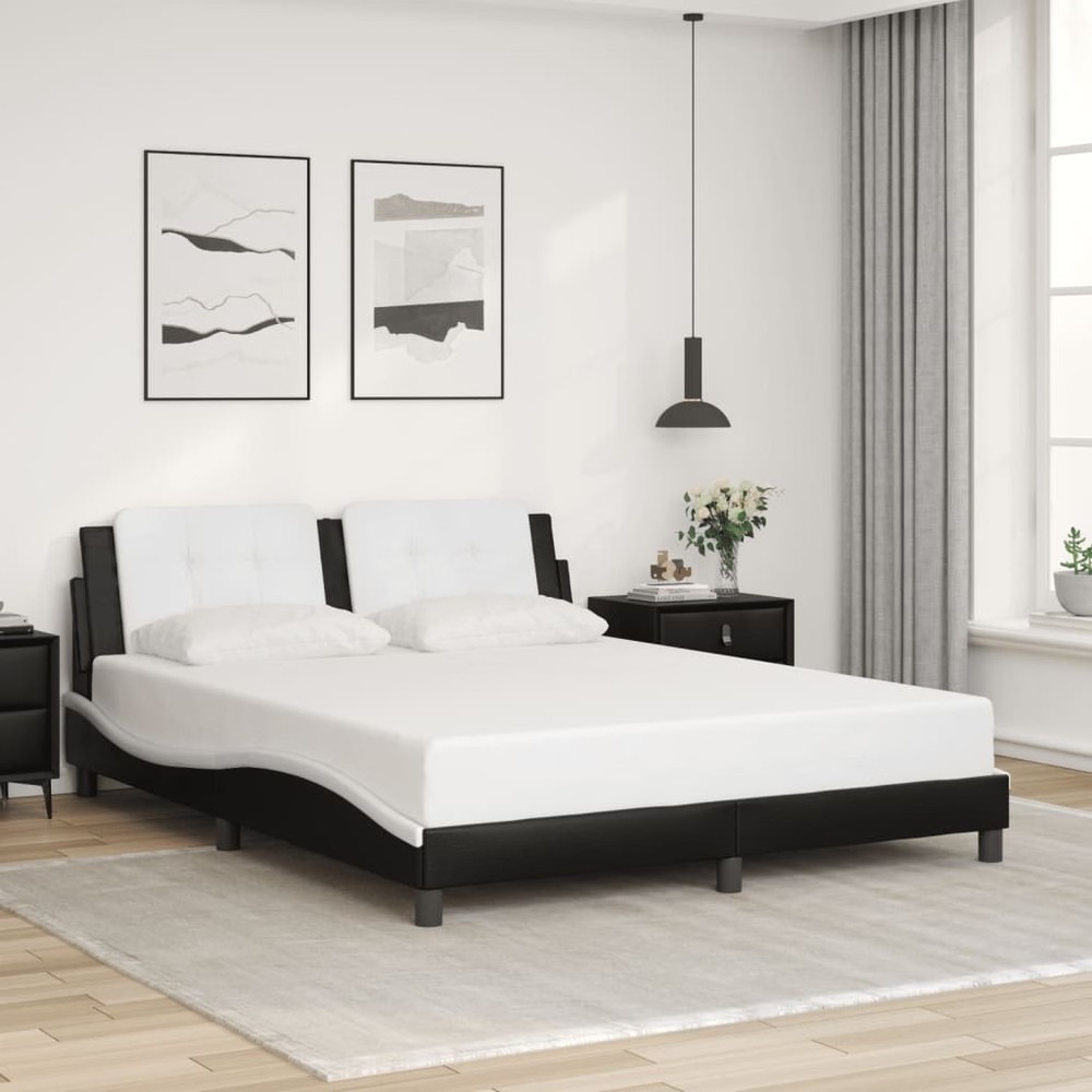 Bed Frame Black and White Faux Leather Full Durable Bed Frame