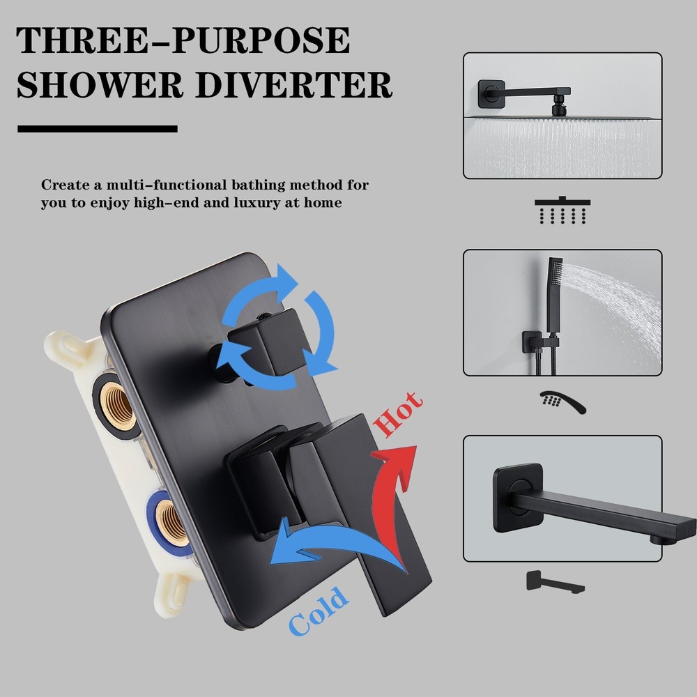 Shower Faucet System Set 3 Function 8 " Rainfall Head W/ Mixer Valve Wall Mount
