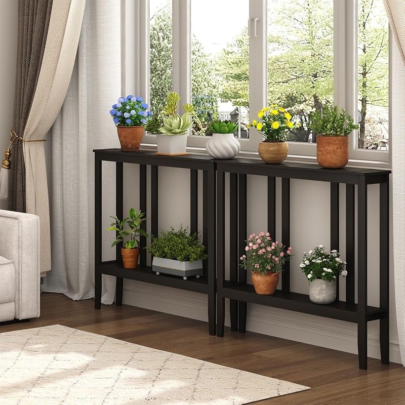 Compact Bamboo Hallway Table 2-Tier Storage Console Entryway Space Saver New