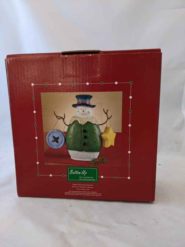 Button Up Christmas Snowman Salt & Pepper Shaker Set with 3D Stand - NEW