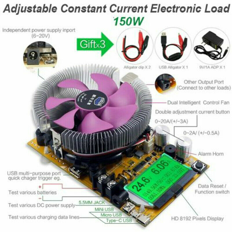 150W USB Constant Current Electronic Load Battery Discharge Capacity Tester 200V