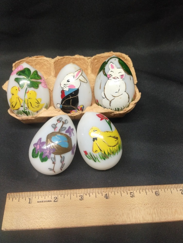 Milk Glass Blown Hens Brooding Eggs Easter Themed Hand Painted in 1962