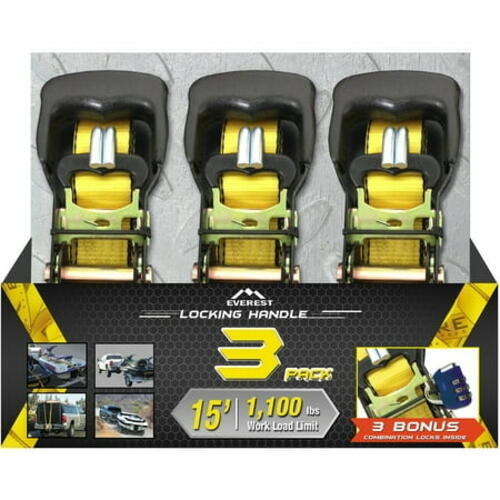 Everest 1.5  x 15  Tie Down Strap with Locking Handle Ratchet 3-Pack Premium