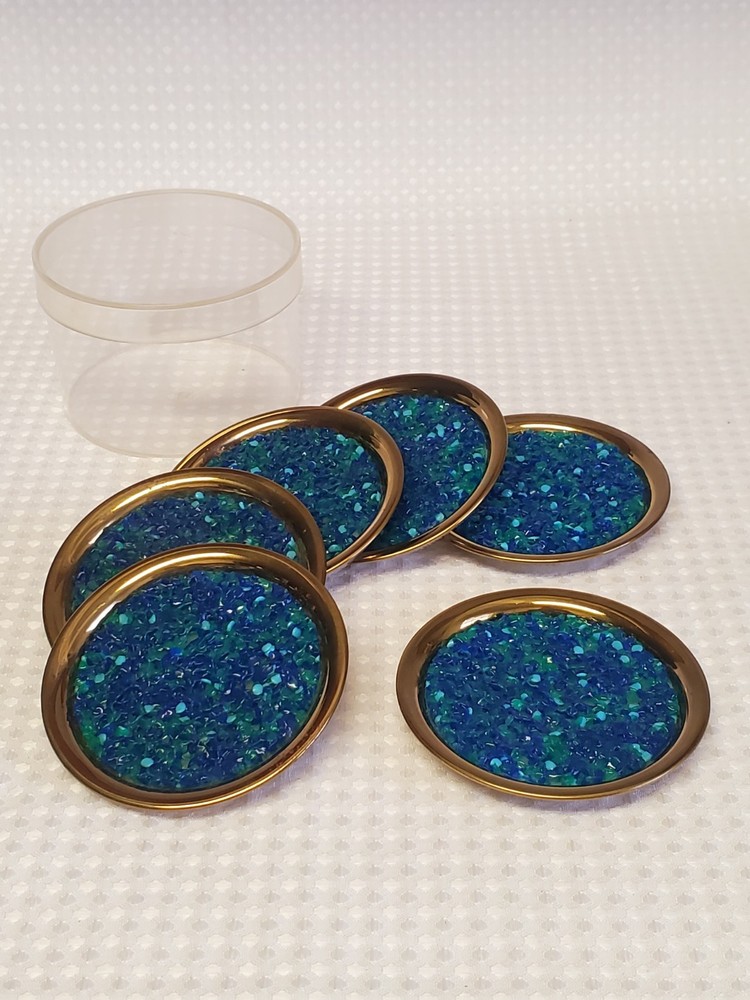 Brass Coasters -6 Pc Set Stackable - Acrylic Pebbles- Mid Century Retro Decor
