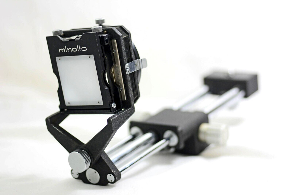 MINOLTA MD CAMERA SLIDE COPIER WITH RAIL ATTACHMENT AND MACRO STAND