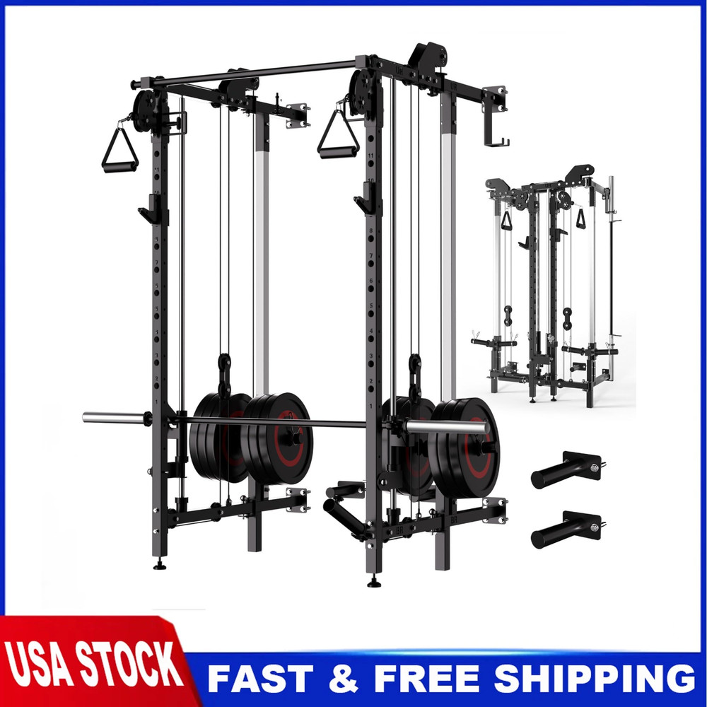 Garvee Folding Squat Rack Wall Mounted Power Rack W/ Pulley System & Pull Up Bar