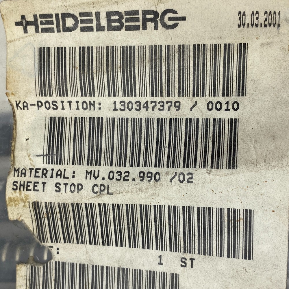HEIDELBERG MV.032.990/02 SHEET STOP CPL FOR SMALL SHEETS/LOW PILE M OFFSET 🎯