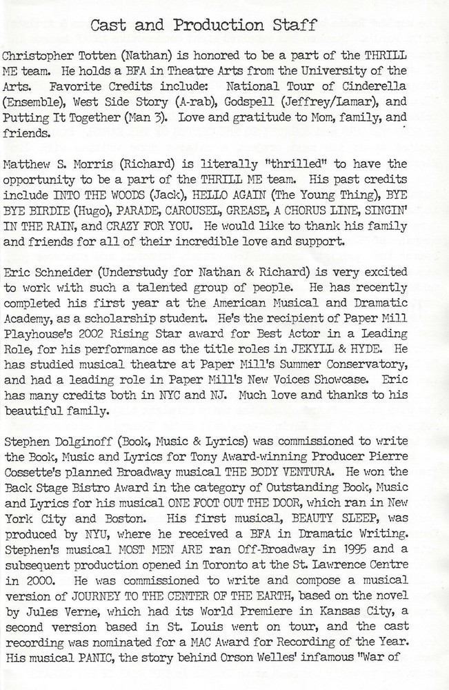 Stephen Dolginoff "THRILL ME" Leopold and Loeb Story 2003 World Premiere Program