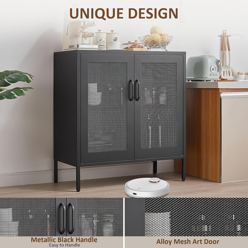 Modern Industrial Buffet Cabinet with Adjustable Shelves - Black Sideboard