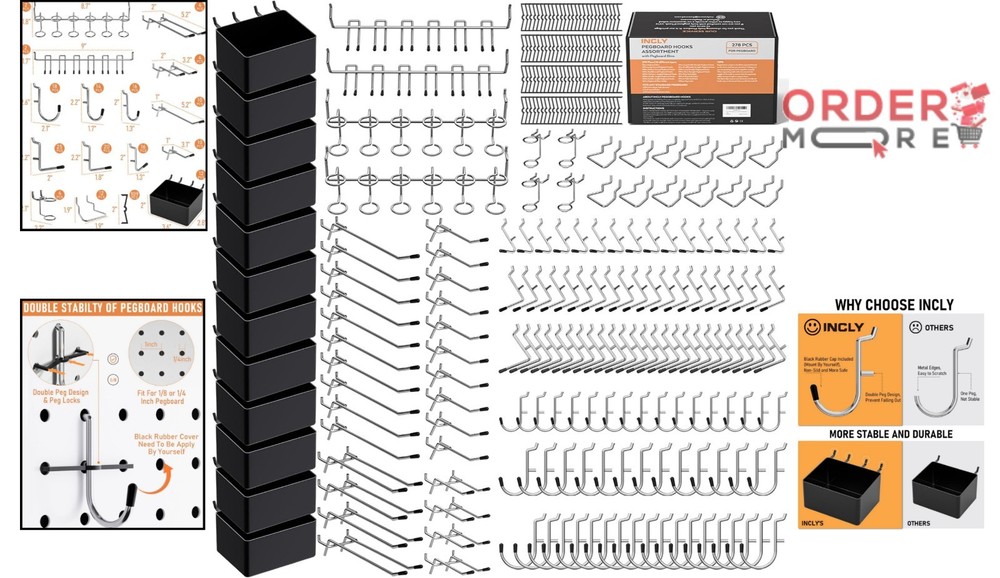 278PCS Pegboard Organizer Kit for Garage Wall Storage Tool Hooks Bins