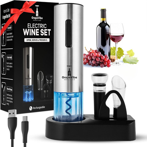 GrapeVibeEssentials 5-in-1 Electric Wine Opener gift Set – Metallic
