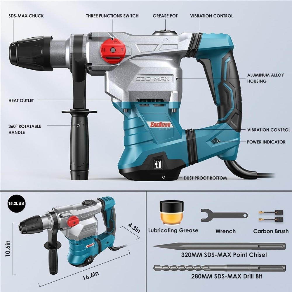 Complete SDS-Max Hammer Kit: 13 Amp Drill with Chisel, Bit & Tool Bag Included