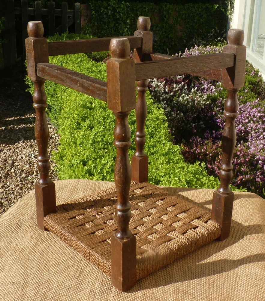 Vintage Wooden stool woven string top Needs TLC repolish