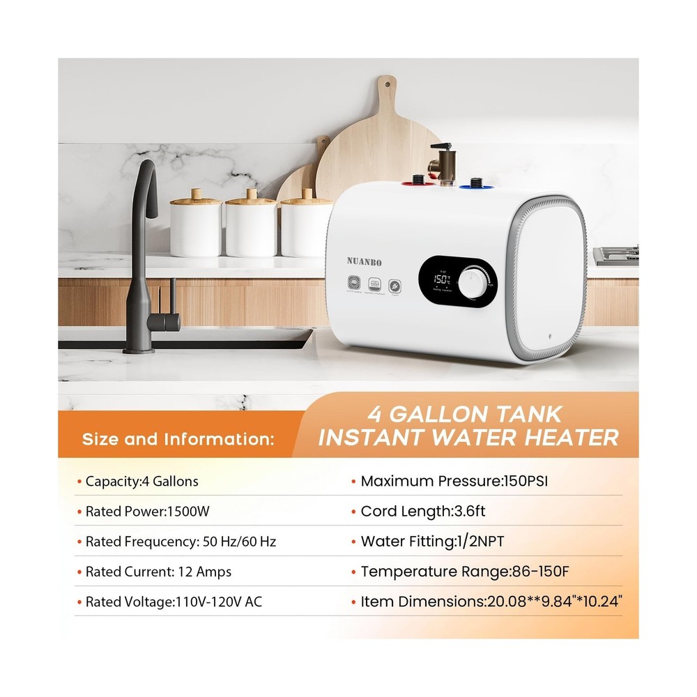 Electric Water Heater 4 Gallon Mini Tank Hot Water Under Sink Instant for Kit...