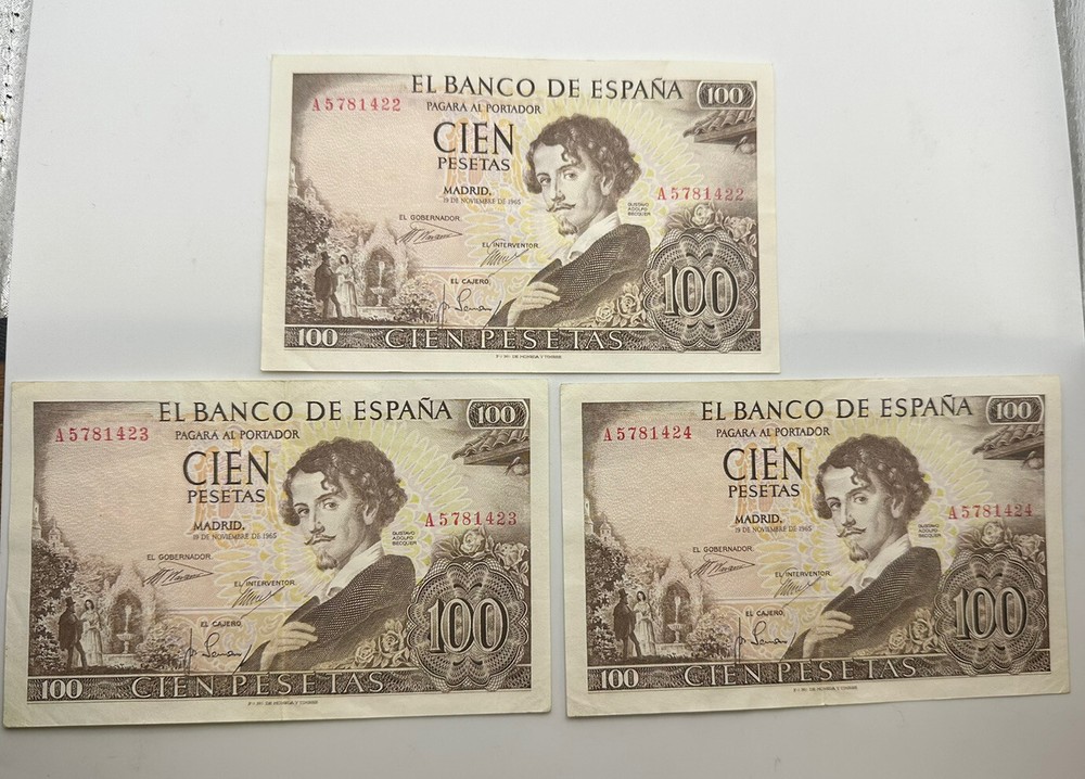1965 Spain 100 pesetas 3 Note Sequential Serial number Lot