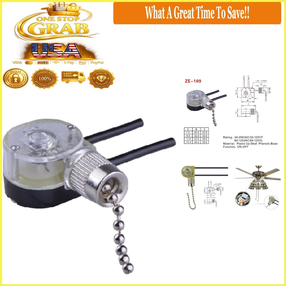 Silver Ceiling Fan Light Pull Chain Switch On-Off 2-Wire   Certified
