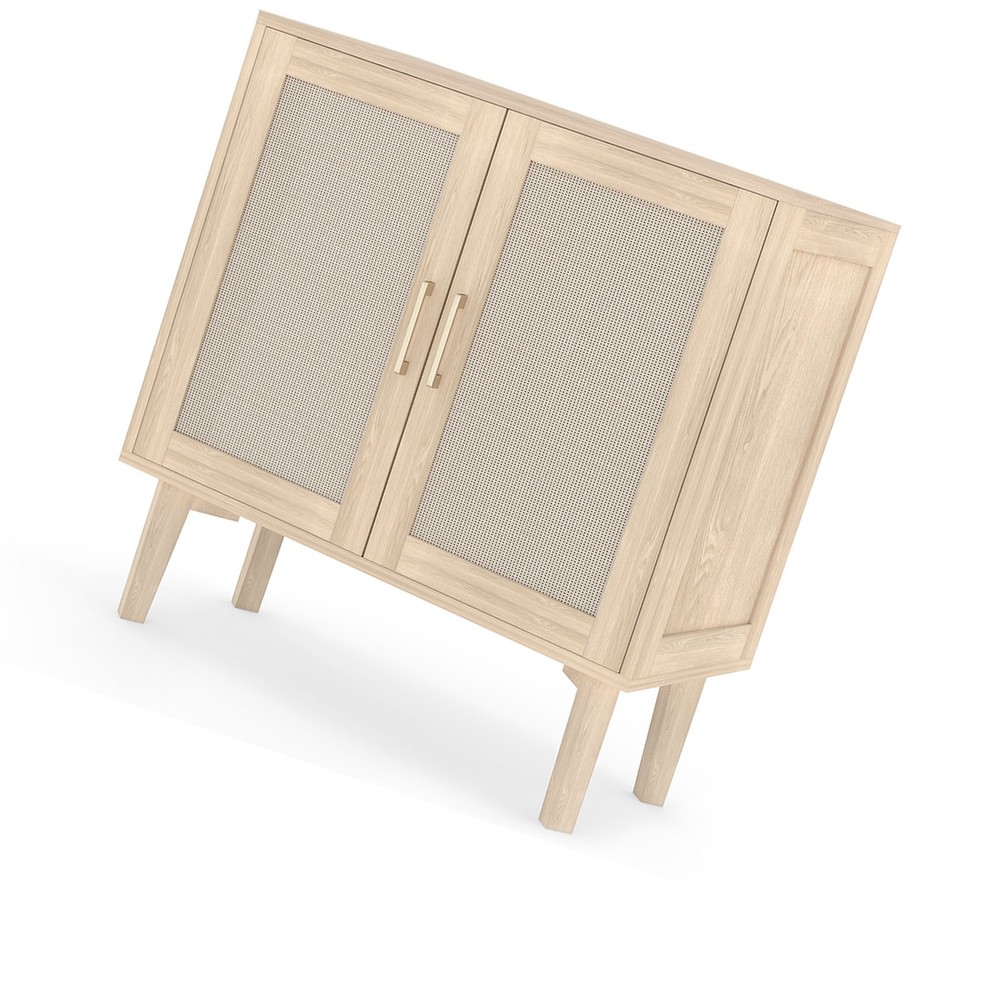 Buffet Cabinet With Rattan Decor Doors Solid Wood Feet Multifunctional YNAU