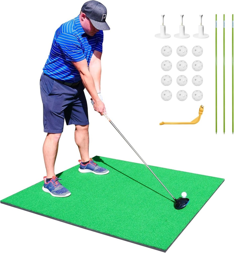 Golf Hitting Mat 3x5 Training Set Alignment Sticks Balls Tees Thick Turf