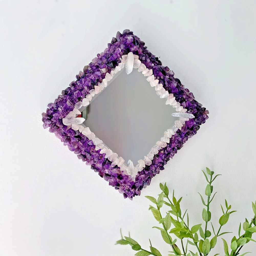 18" x 18" Square Amethyst & Selenite Wall Mirror – Handcrafted Crystal Mirror