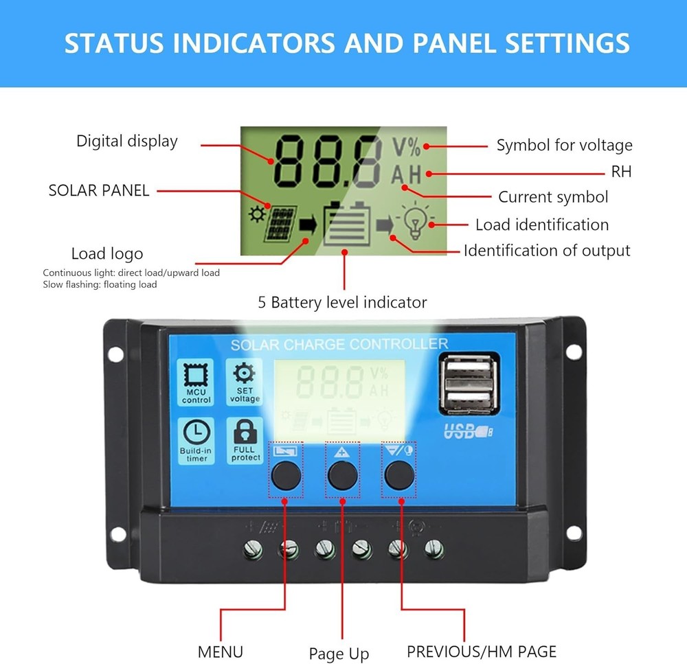 30A Solar Charge Controller, 12V/24V Dual USB Solar Panel Battery Intelligent...